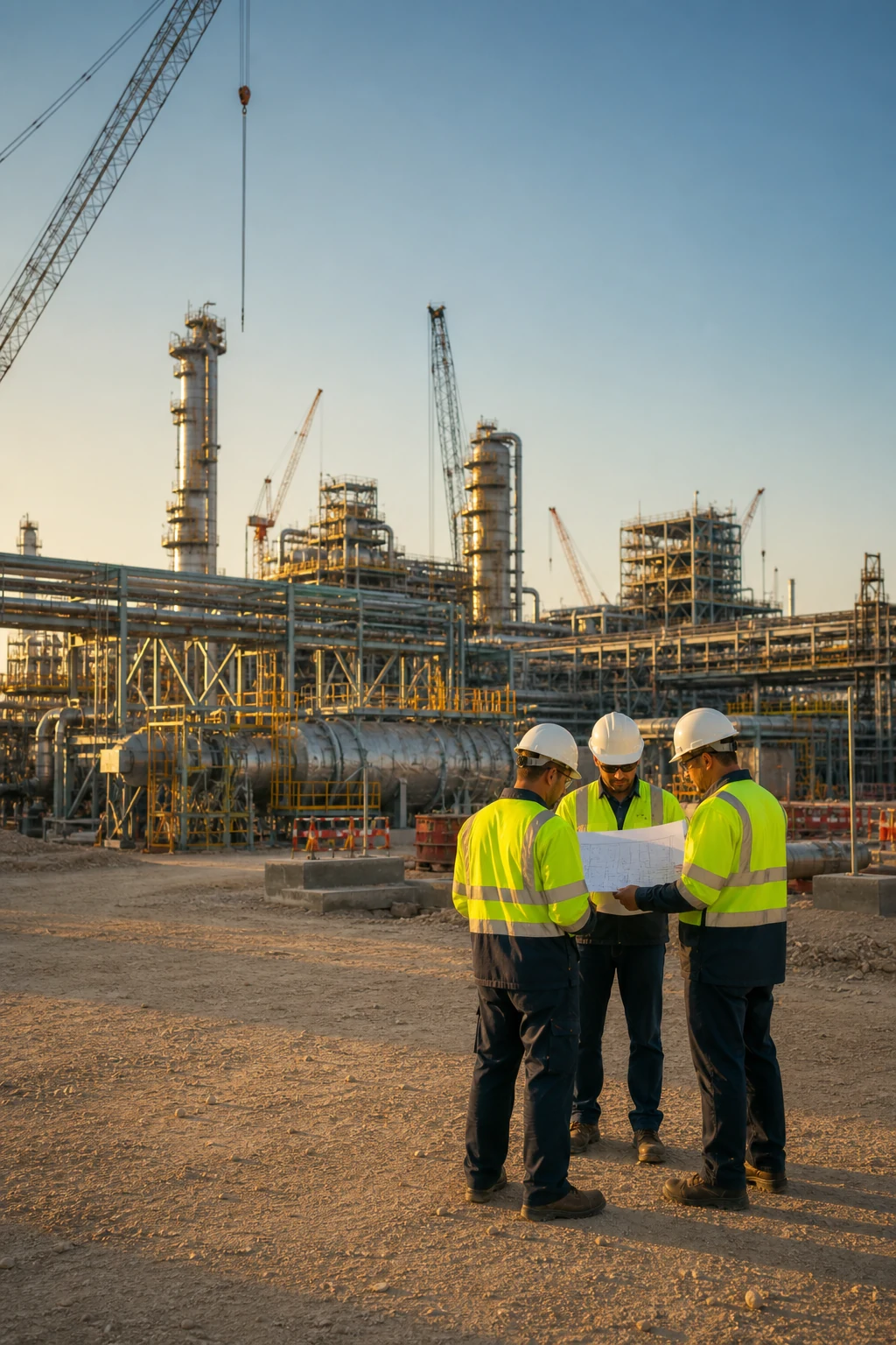 Illustrative engineers reviewing plans at an industrial construction site